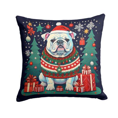 Caroline's Treasures DAC1123PW1414 White English Bulldog Christmas Fabric Decorative Pillow Machine Washable, Indoor Outdoor Decorative Pillow for Couch, Bed or Patio, 14Hx14W