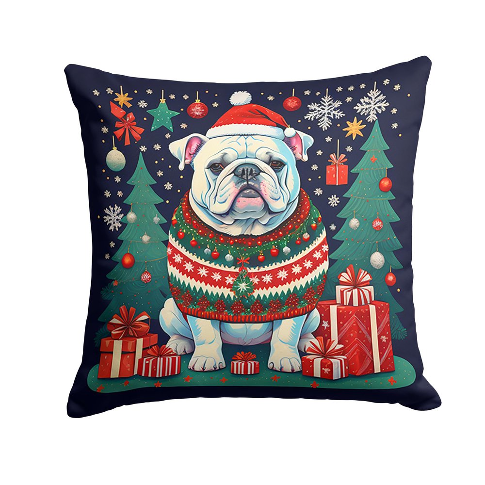 Caroline's Treasures DAC1123PW1414 White English Bulldog Christmas Fabric Decorative Pillow Machine Washable, Indoor Outdoor Decorative Pillow for Couch, Bed or Patio, 14Hx14W