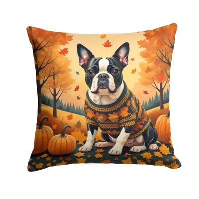 Caroline's Treasures DAC1024PW1818 Boston Terrier Fall Fabric Decorative Pillow Machine Washable, Indoor Outdoor Decorative Pillow for Couch, Bed or Patio, 18Hx18W