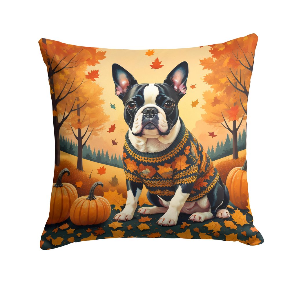 Caroline's Treasures DAC1024PW1818 Boston Terrier Fall Fabric Decorative Pillow Machine Washable, Indoor Outdoor Decorative Pillow for Couch, Bed or Patio, 18Hx18W