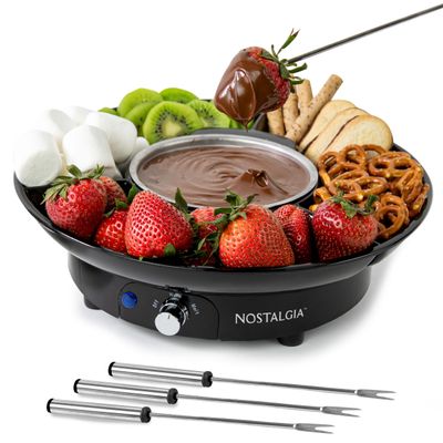 Nostalgia Electric Fondue Party Set 10 oz Melting Pot, 4 Roasting Forks, & Detachable Serving Tray Melted Cheese, Chocolate, or Dessert Perfect for Gifts, Parties, Date Night Black
