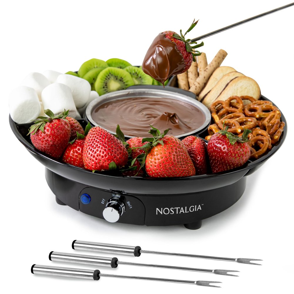 Nostalgia Electric Fondue Party Set  10 oz Melting Pot, 4 Roasting Forks, & Detachable Serving Tray  Melted Cheese, Chocolate, or Dessert  Perfect for Gifts, Parties, Date Night  Black