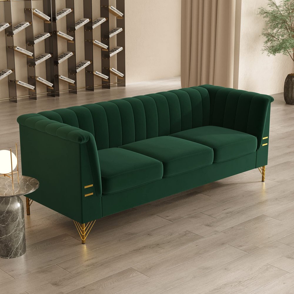 82'' Modern Velvet Living Room Couch Sofa,Mid Century Upholstered Multi-Seat Sofa,Office Sofa with Gold Chrome Legs and Tufted Button Design,Suitable for Bedrooms, Lounges, Hotel Halls (Green)