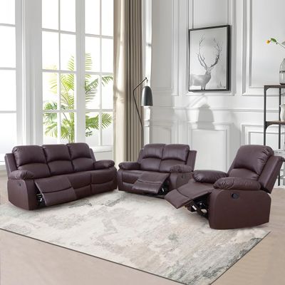 AYCP Bonded Leather Living Room Recliner Sofa Set, Manual Motion Recliner for Living Room, Apartment, Office, Home Theater Seating (Brown, Full Set)