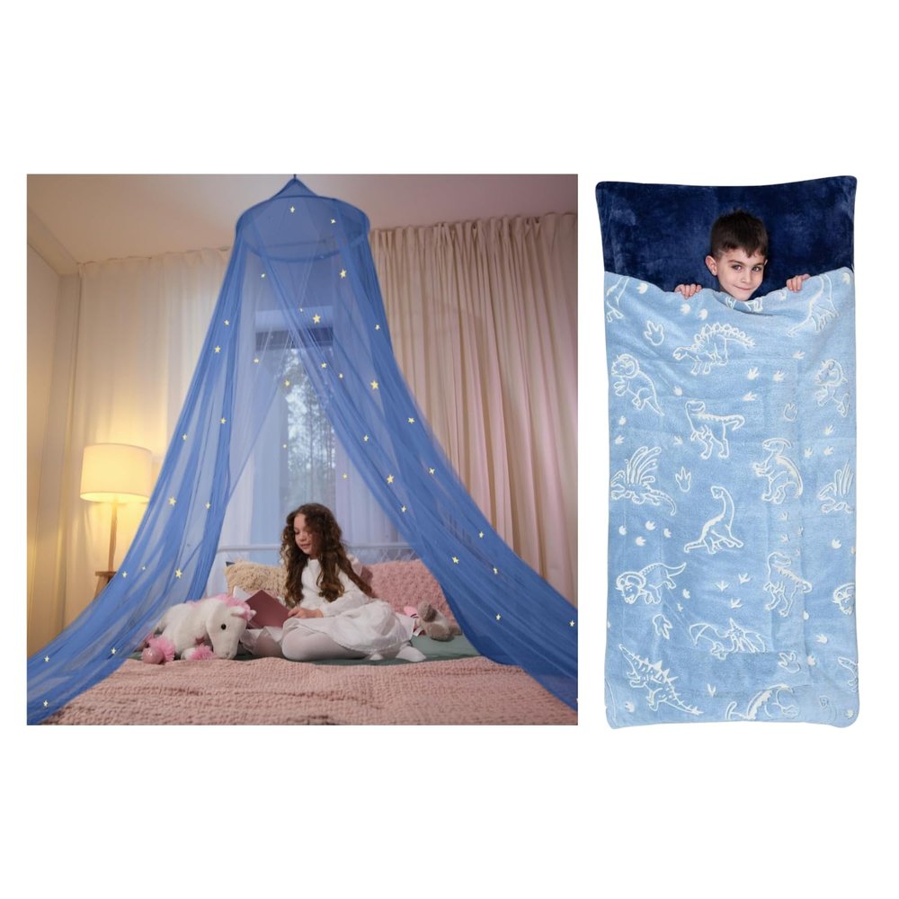 Glowing Bundle! Blue Canopy + Kids Dinosaur Sleeping Bag for Boys