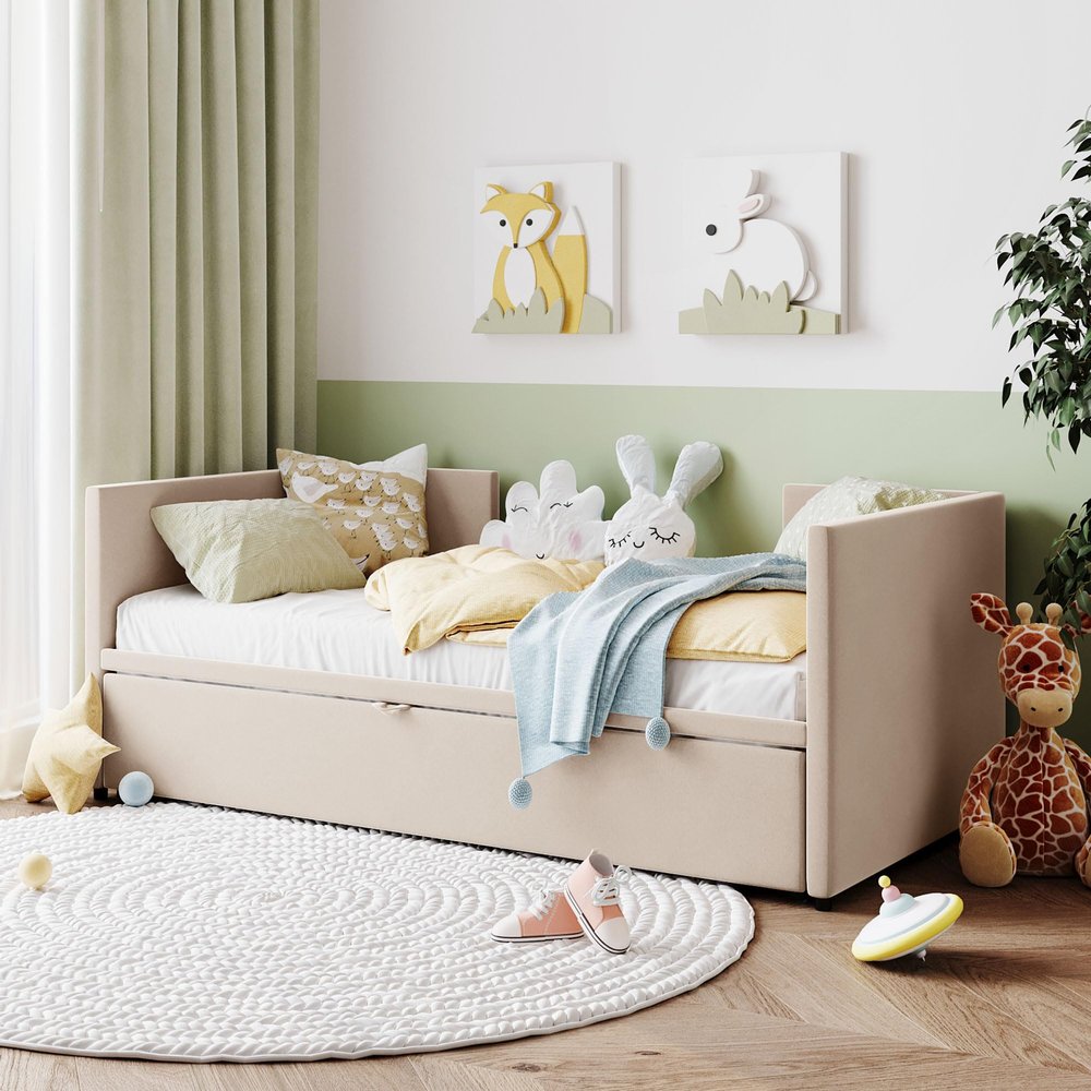 Brabrety Twin Size Upholstered Daybed with Extendable Trundle,for Living Room Bedroom Use (Beige@Trundle/, Twin)