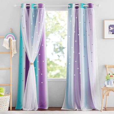 NICETOWN Star Cut-Out Blackout Curtains for Bedroom 2 Panels,2-Layers Mix Design of Fabric & Tulle, Kids Window Curtain for Nursery Living Room,W34 x L84, 2 Panels, Teal & Purple