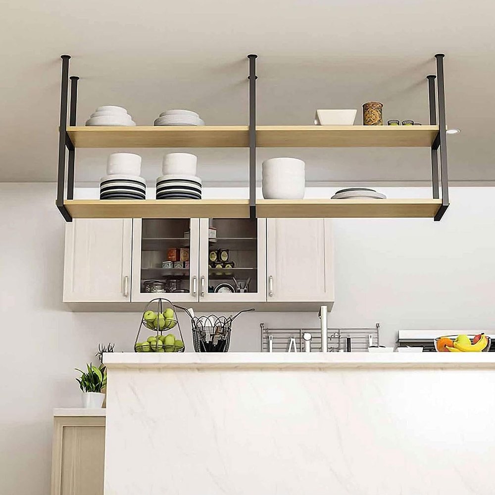 Drsyffsup Pot Rack Kitchen Wine Rack Ceiling Mount | Pan Rack/Hanging Shelf Hanger Organiser Kitchen Storage Shelving Tray Holder, 2-Layer Iron Solid Wood Shelves (Size : 110x30x80cm)