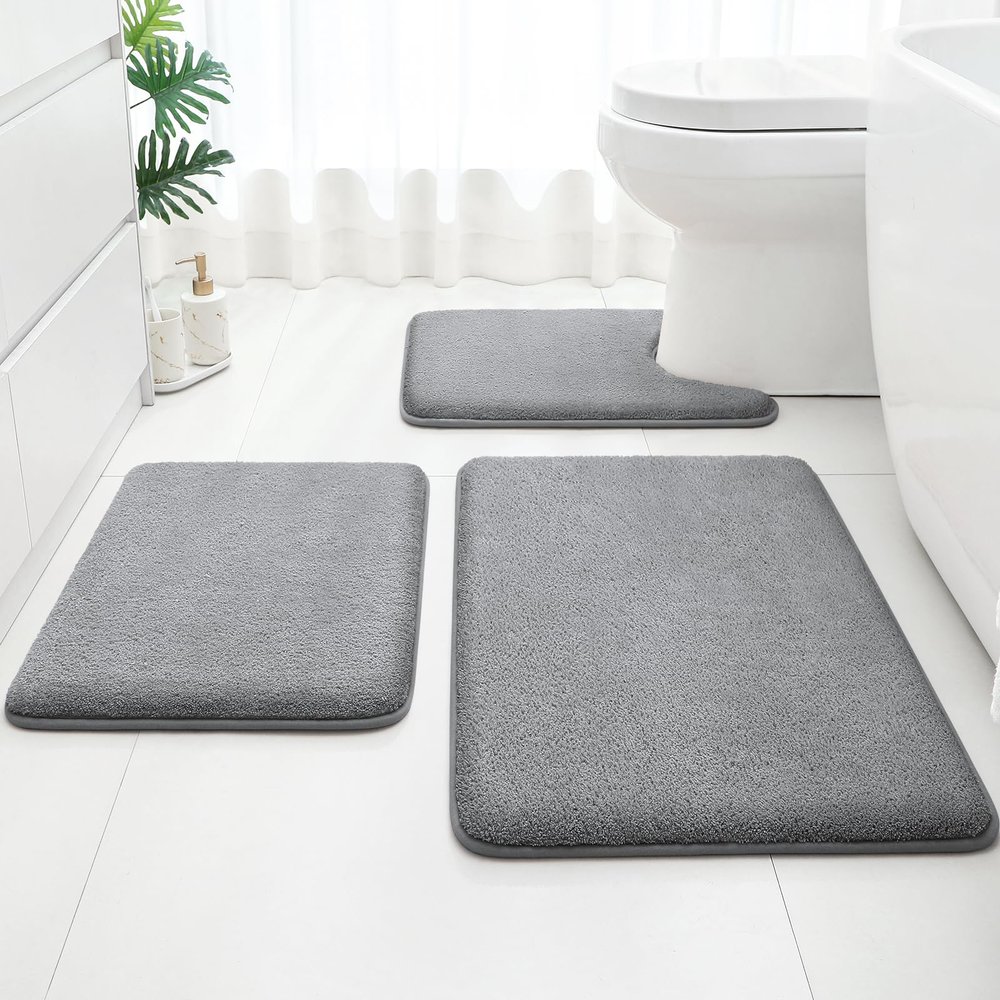 HOMEIDEAS Upgraded Bathroom Rugs Set 3 Piece, Extra Thick Absorbent Soft Memory Foam, Washable Toilet Bath Mat (Grey,17"x24"+20"x32"+U Shape 20"x24")