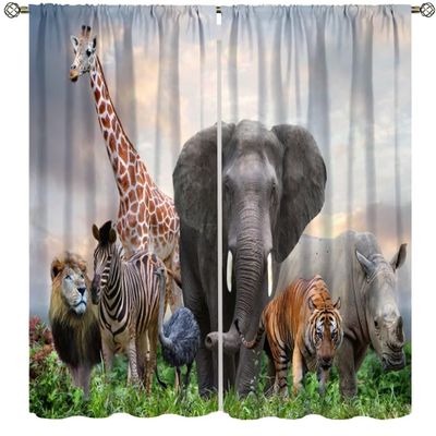 African Animal Curtains,Wildlife 3D Elephant Tiger Lion Giraffe Zebra Window Treatments for Bedroom Living Room Kitchen South African Wild Animal Drapes 2 Panel Set,Total Size 84" x 84"