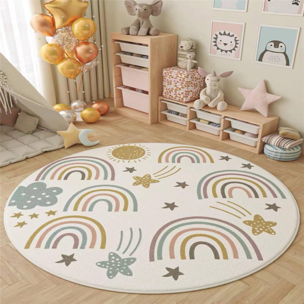 HONGXIU Rainbow Sunshine Area Rug, 5ft Bohemian Kids Room Round Rug, Living Room Decoration Rainbow Rug, Suitable for Children Girls Bedroom, Living Room, Classroom, Non-Slip Washable Decorative Rug