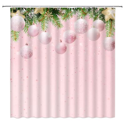 KTGHA Merry Christmas Shower Curtain Pink Xmas Ball Green Pine Leaf Winter Holiday Happy New Year Fabric Bathroom Curtain Set with Hooks(67" Wx70 H)