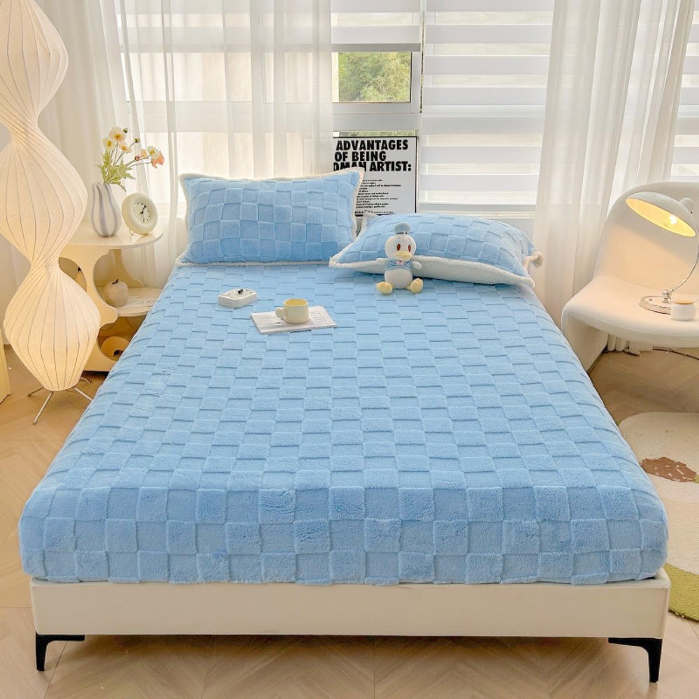 FCLDESHOP 4-Way Stretchy Snug Fit,Winter Skin-Friendly Warm Flannel Mattress Protector, Solid Color Non-Slip Deep Pocket Bed Sheet Bed Cover,Blue 1,150x200cm