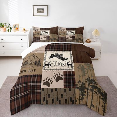 Manfei Patchwork Comforter Set Twin Size, Wild Deer Bear Tree Down Comforter with 1 Pillowcase, Rustic Wooden Plaid Bedding Set 2pcs for Kids Boys Teens Bedroom Decor Lightweight Duvet Insert