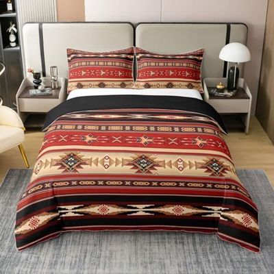 100% Cotton Aztec Bedding Set Ethnic Tribal Arrow Duvet Cover,Vintage Southwestern Native Bohemian Comforter Cover Twin,Western Star Bed Set Exotic Geometric Diamond Stripes Room Decor,Red And Black