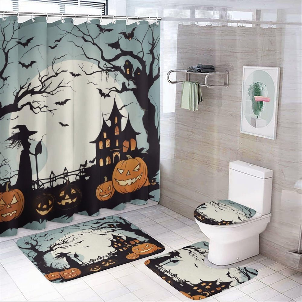 ZGDPBYF Bathroom Rugs Set Ultra Soft 3 Pieces Bath Rugs Non Slip, Halloween Bathroom Mat, Bathroom Set with Toilet Rugs, Scary Castle Perfect Plush Bathroom Mats for Bathroom Tub, Shower