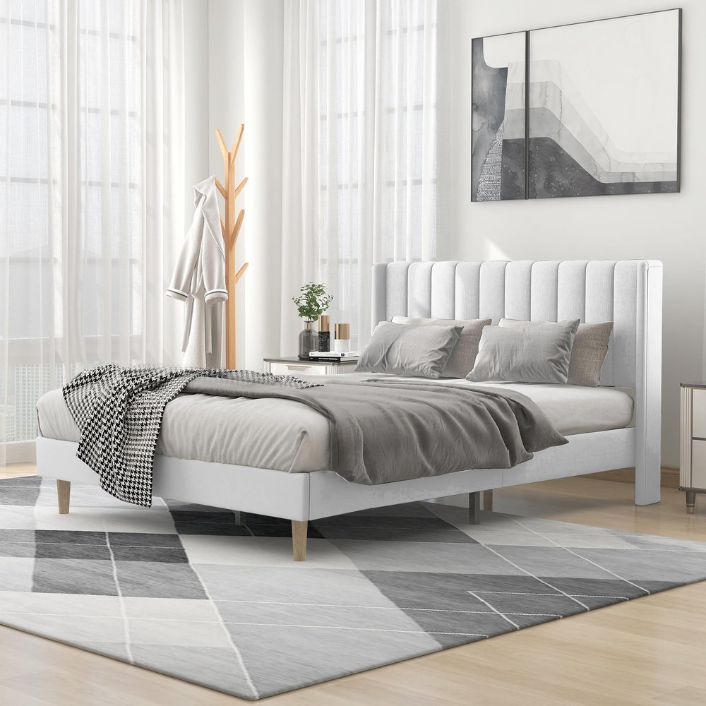alazyhome Upholstered Platform Queen Size Bed Frame with Headboard Wooden Slats Support No Noise Easy Assembly White Linen