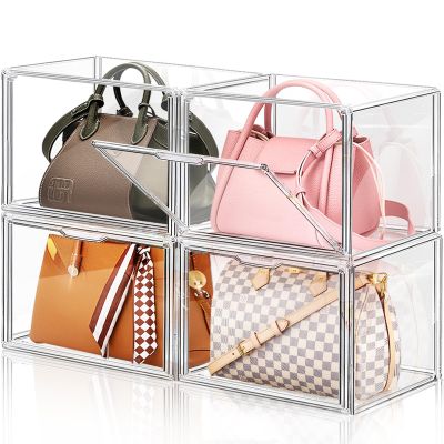4 Packs Clear Plastic Handbag Storage Organizer for Closet, Large Acrylic Display Box forPurse and Handbag, Stackable Storage Boxes Bag Organizer with Magnetic Door for Purse Clutch Wallet Book
