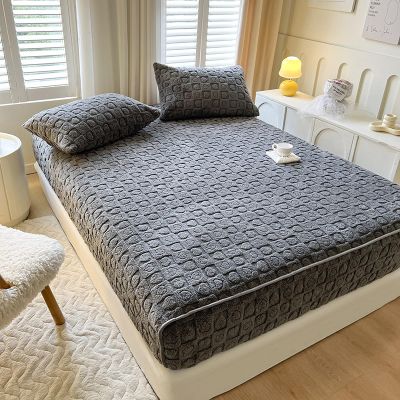 FCLDESHOP Deep Pocket Bed Sheet,Warm Coral Fleece Bedspread Sheet, Solid Color Printed Mattress Protector for Single Double King Size Bed,Grey,200 * 220cm (7979inch)