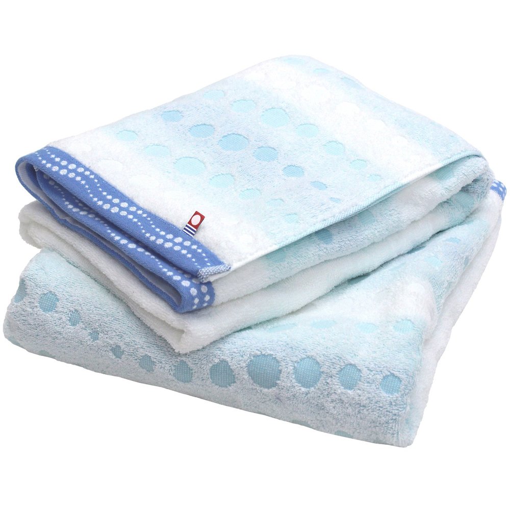HIORIE Imabari Towel, 2 Piece Bath Towel Set, Japanese Towels, Made in Japan, 100% Cotton, Quick-Drying, Lightweight, Sparkling Sea Bubble and Polka Dot Patterns, Size: 24.8x47.2 inches, Blue