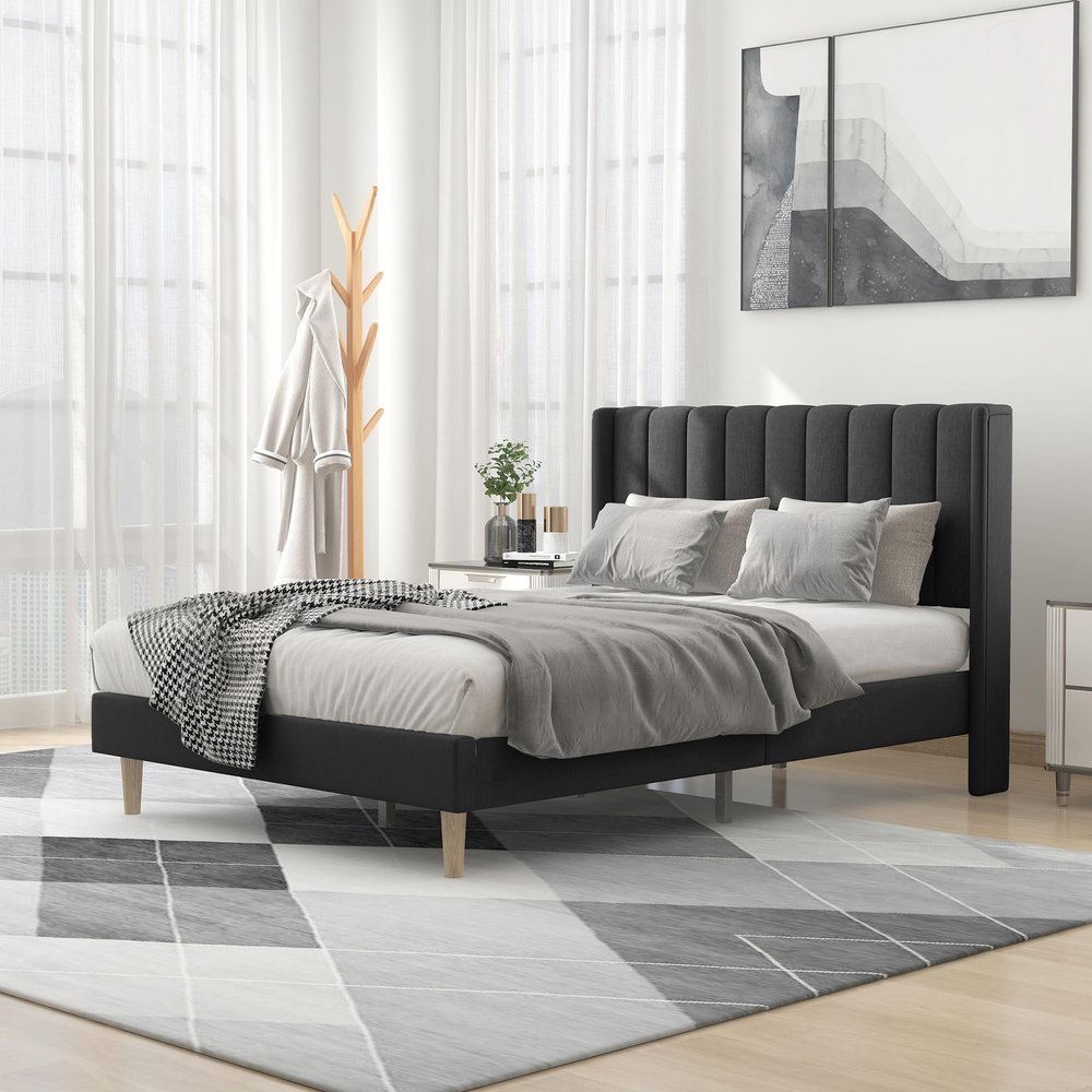 alazyhome Upholstered Platform Full Size Bed Frame with Headboard Wooden Slats Support No Noise Easy Assembly Black Linen