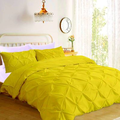 California King Size Pinch Pleated Duvet Cover Set Yellow 600 TC Zipper Closure Egyptian Cotton 1 Piece Duvet Cover Pintuck Beddding Sets