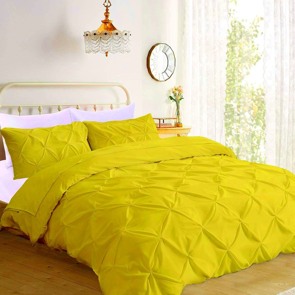 California King Size Pinch Pleated Duvet Cover Set Yellow 600 TC Zipper Closure Egyptian Cotton 1 Piece Duvet Cover Pintuck Beddding Sets
