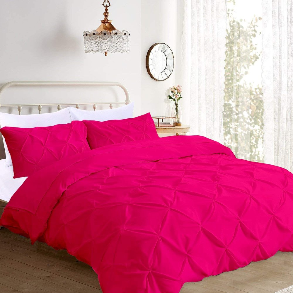 Full Size Pinch Pleated Duvet Cover Set Hot Pink 600 TC Zipper Closure Egyptian Cotton 1 Piece Duvet Cover Pintuck Beddding Sets