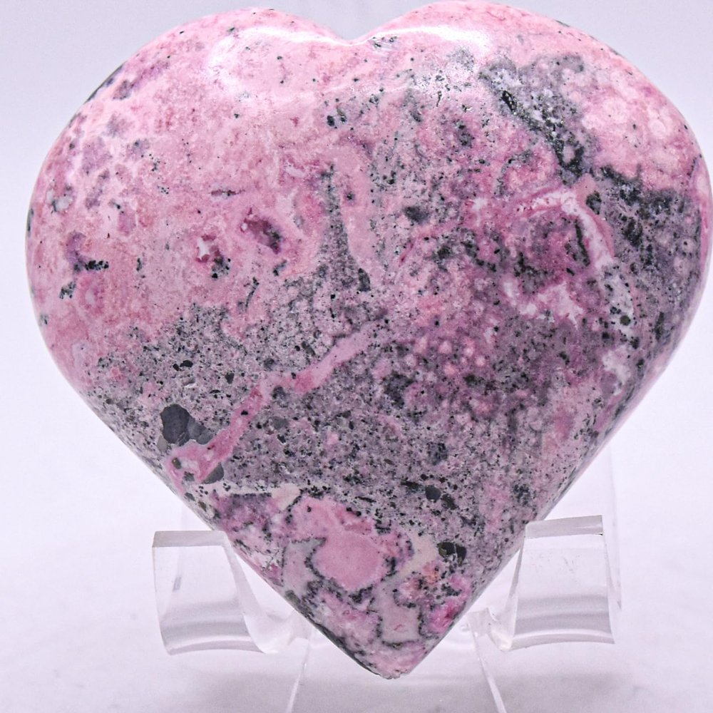 2.5" 170g Rich Pink Rhodochrosite w/Pyrite Inclusions Heart Polished Natural Gemstone Crystal Mineral Collectible Specimen - Peru + Stand