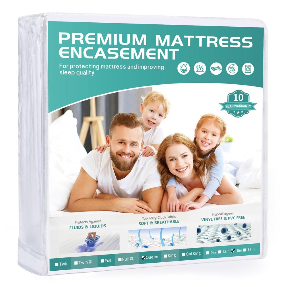 Queen Mattress Protector Waterproof Fits 12/13 /14/15 Inch Deep, 6-Sides Zippered Mattress Encasement Cover Terry Top