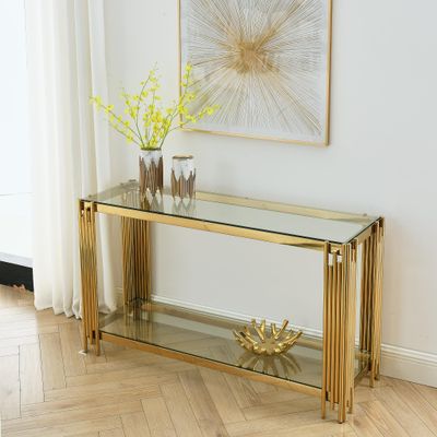 55" Glass Console Table, Modern Entryway Sofa Table with Gold Stainless Steel Frame and Clear Glass Top, Luxury Rectangular 2-Tier Console Table with Storage Shelves for Living Room