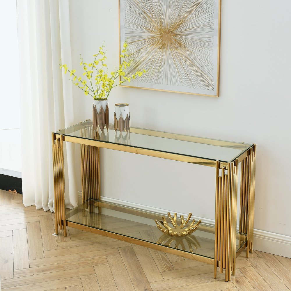 55" Glass Console Table, Modern Entryway Sofa Table with Gold Stainless Steel Frame and Clear Glass Top, Luxury Rectangular 2-Tier Console Table with Storage Shelves for Living Room