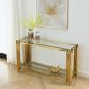 55" Glass Console Table, Modern Entryway Sofa Table with Gold Stainless Steel Frame and Clear Glass Top, Luxury Rectangular 2-Tier Console Table with Storage Shelves for Living Room view 1