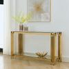 55" Glass Console Table, Modern Entryway Sofa Table with Gold Stainless Steel Frame and Clear Glass Top, Luxury Rectangular 2-Tier Console Table with Storage Shelves for Living Room view 2