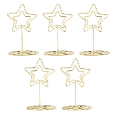 20Pcs Mini Place Card Holders, Gold Double Stars Design Place Card Holders for Weddings Table Card Holders with Spiral Base Metal Photo Clip Stand for Centerpiece Anniversary Party
