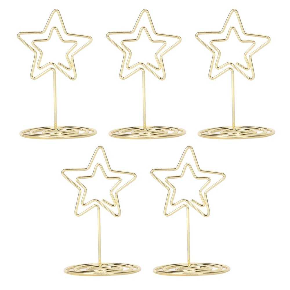 20Pcs Mini Place Card Holders, Gold Double Stars Design Place Card Holders for Weddings Table Card Holders with Spiral Base Metal Photo Clip Stand for Centerpiece Anniversary Party