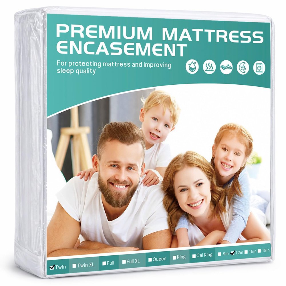 39x75 Twin Waterproof Mattress Protector Fits 9-12" Deep, Zippered Mattress Encasement Cover, WINKAURA Premium Washable Terry Top Fabric Mattress Pad Cover