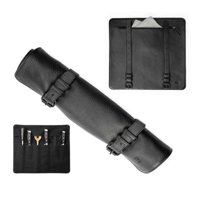 Angus Stoke Buffalo Leather Knife Roll Bag for Chef`s - Knife Roll Case with zipper  knives storage Alfons (Black)