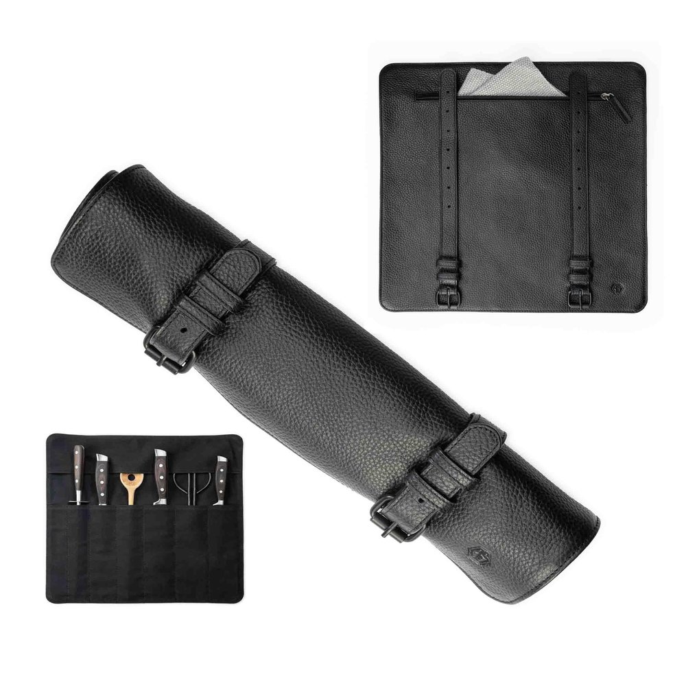 Angus Stoke Buffalo Leather Knife Roll Bag for Chef`s - Knife Roll Case with zipper  knives storage Alfons (Black)