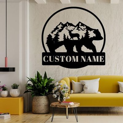 YOOSHINING Personalized Mountain Bear with Deer Metal Wall Art Bear Wall Decor Elk Metal Sign, Custom Bear Name Sign Bear Art Home Decor, Rustic Cabin Decor Christmas Decor Birthday Housewarming