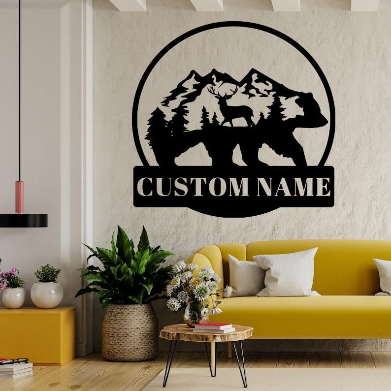 YOOSHINING Personalized Mountain Bear with Deer Metal Wall Art Bear Wall Decor Elk Metal Sign, Custom Bear Name Sign Bear Art Home Decor, Rustic Cabin Decor Christmas Decor Birthday Housewarming