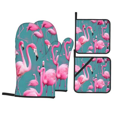 A Flock of Flamingos Oven Mitts and Pot Holders Set 4pcsNon-Slip Cooking Gloves for Cooking Baking Grilling
