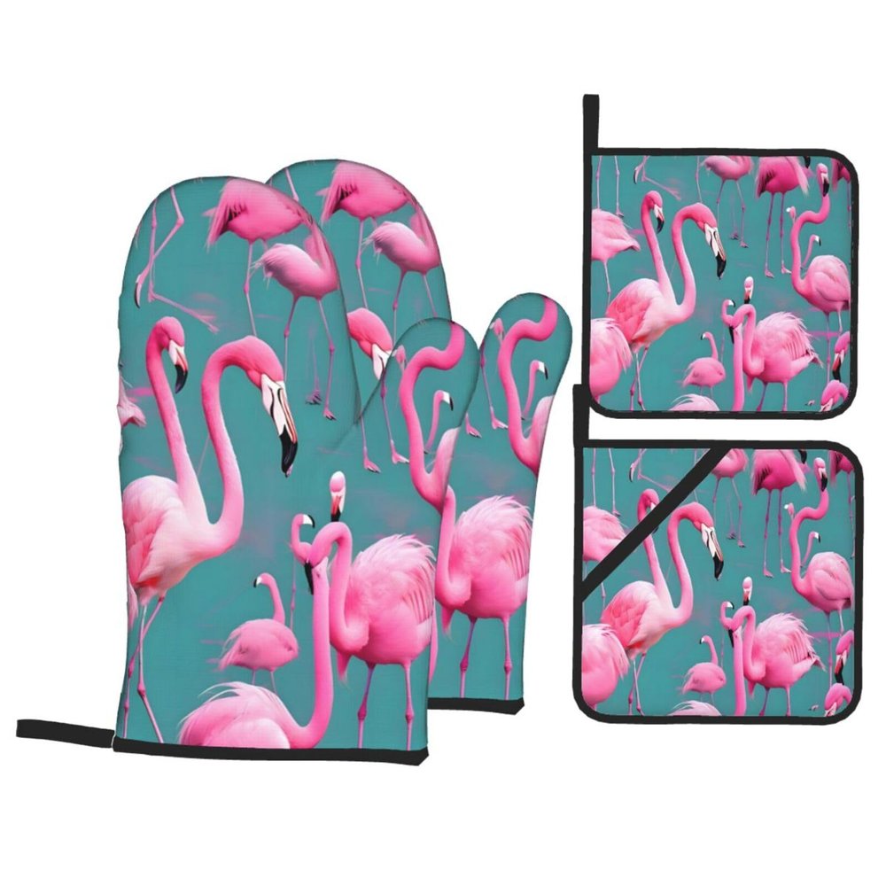 A Flock of Flamingos Oven Mitts and Pot Holders Set 4pcsNon-Slip Cooking Gloves for Cooking Baking Grilling
