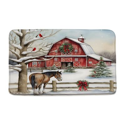 BNYARH Winter Farm Bath Mat Country Barn Wreath Horses Green Pine Tree Red Bird Snow Fence Vintage Rustic Happy New Year Holiday Microfiber Memory Foam Bathroom Decor Mat 17.7X29.5 Inch