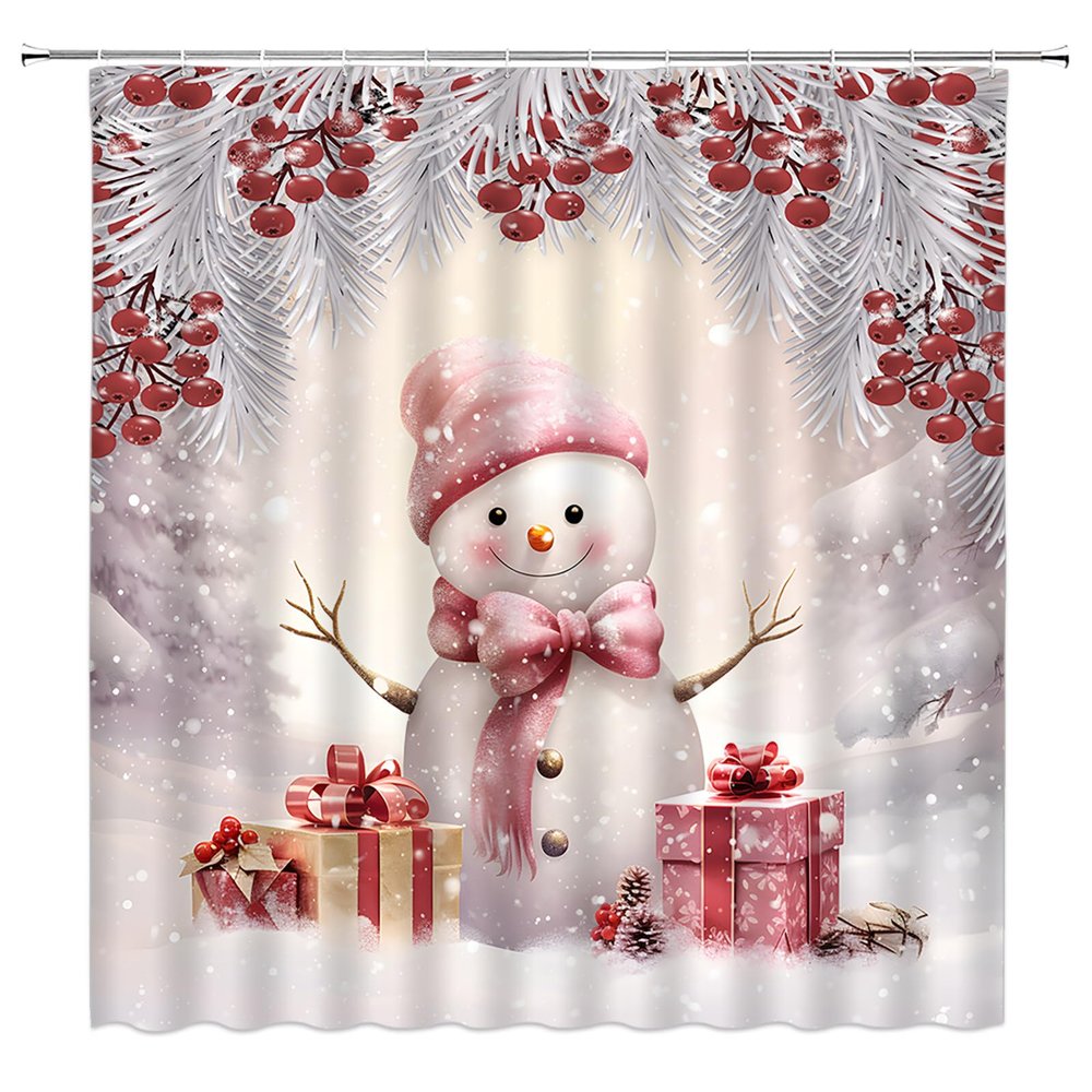 KTGHA Pink Christmas Shower Curtain Cute Snowman Red Berry Pine Leaf Winter Holiday Happy New Year Fabric Bathroom Curtain Set with Hooks(67" Wx70 H)
