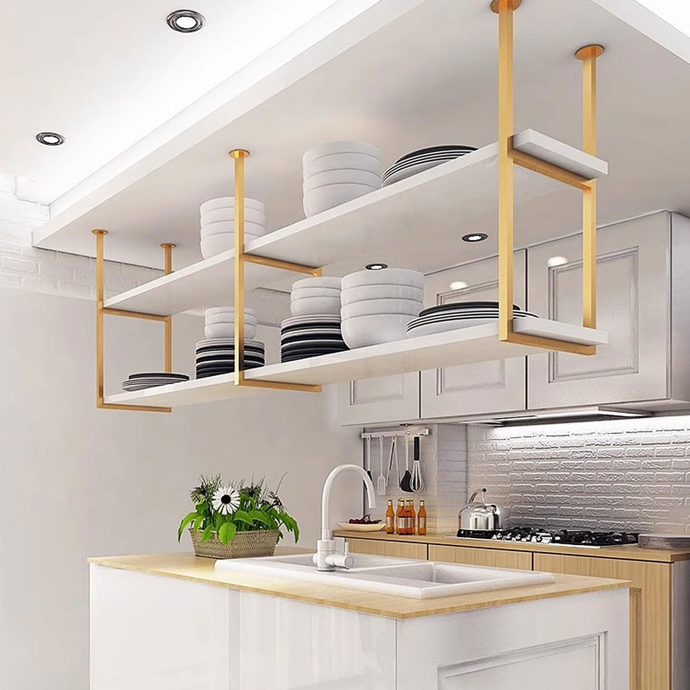 Drsyffsup Industrial Ceiling Mount Shelf, Floating Shelves for Wall Kitchen Storage Wine Rack, Hanging Solid Wood Shelf Organiser Flower Stand for Under Cabinet Kitchen Bar, White (Size : 60x30x80cm)