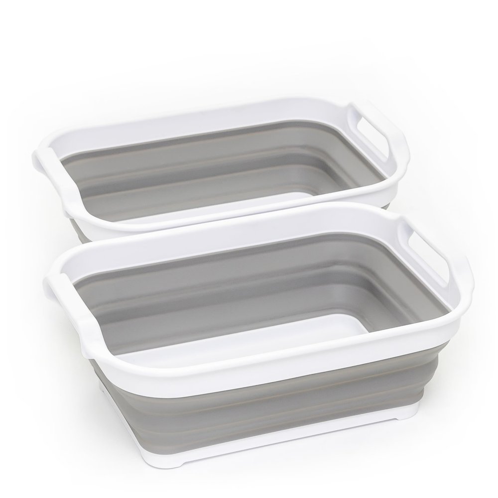 SAMMART Collapsible Tub - Foldable Dish Tub - Portable Washing Basin - Space Saving Plastic Washtub (Size S, White/Grey (Set of 2))
