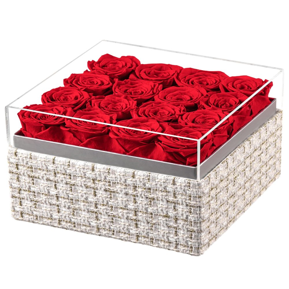 Eterfield Forever Flowers Preserved Roses Real Roses That Last Over a Year Rose Box Gifts for Her Mothers Day Valentines Day Christmas (Square Gold White Plaid Box, 16 Red Roses)