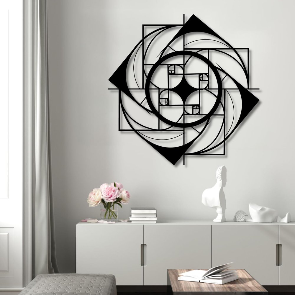 Cadeali Metal Wall Decor, Golden Ratio Metal Wall Art, Geometric Wall Art, Fibonacci Spiral, Wall Hangings, Metal Wall Art, Metal Wall Decor for Living Room (Black, 39"x39"|100x100cm)