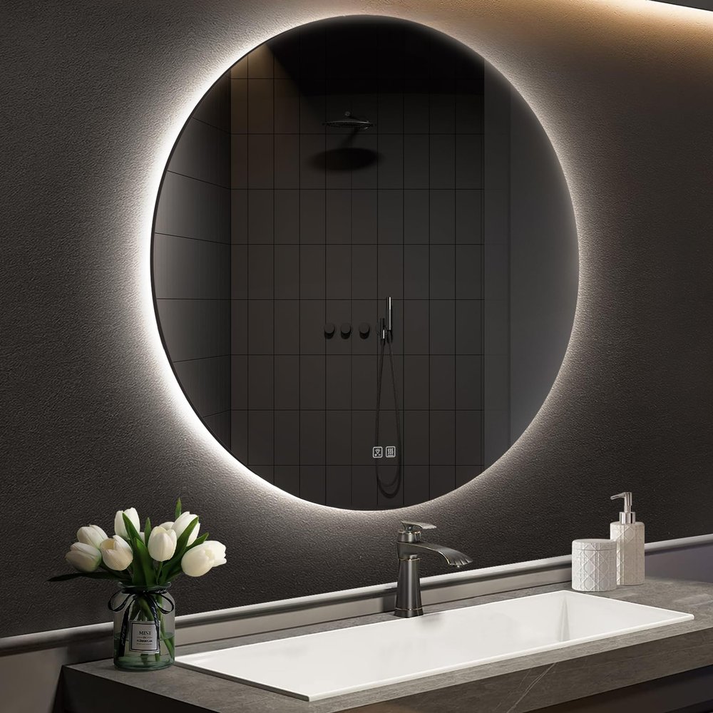 APRILSOUL 28 Inch Round LED Backlit Bathroom Mirror, Vanity Mirror with Anti-Fog, Touch Button, 3 Colors and Dimmable Light